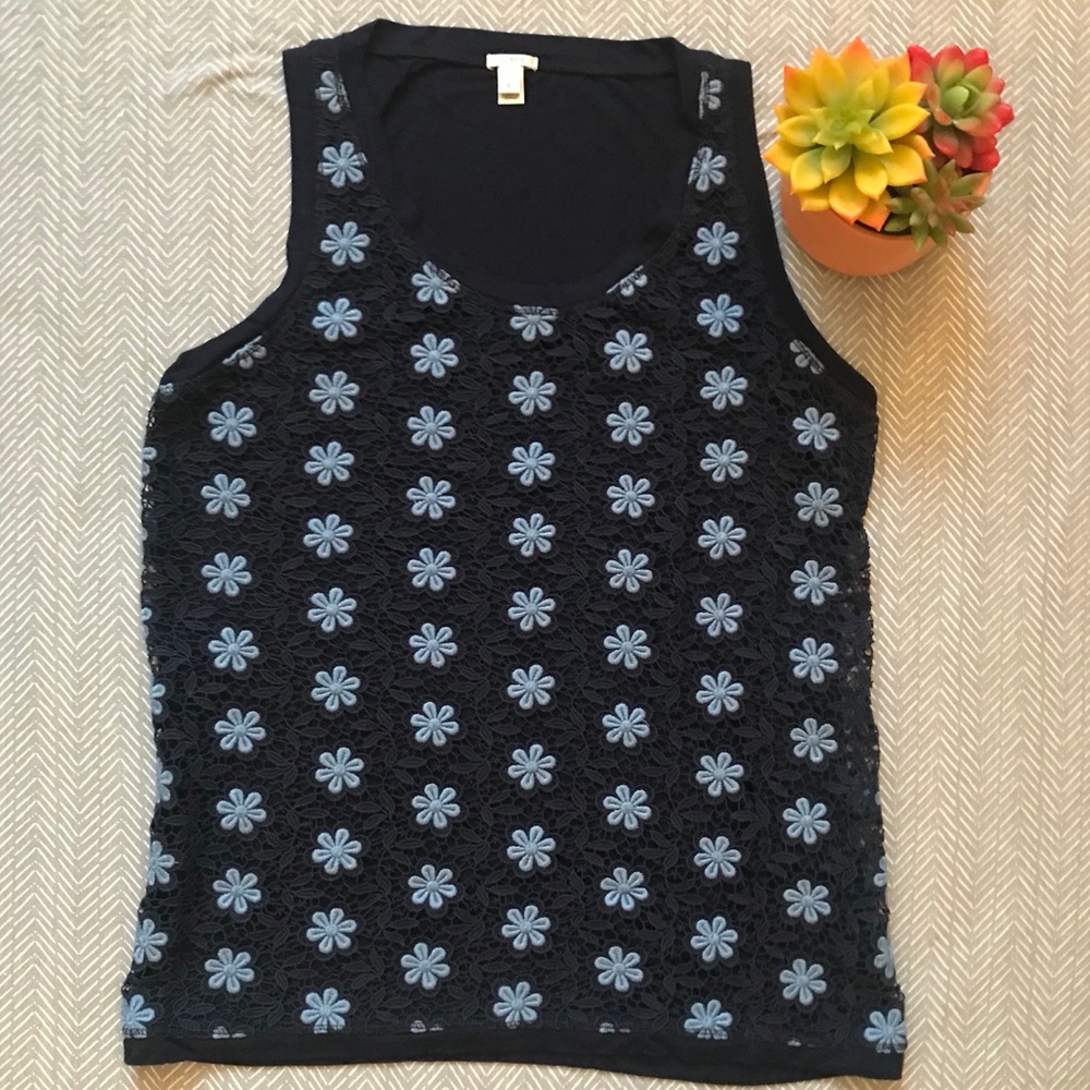 J. Crew Navy & Light Blue Lacy Daisy Tank Top